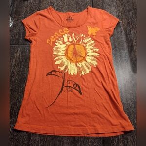 Y2K Mudd Peace Graphic Baby Tee Orange Flower Hippie Festival Top L Vintage
